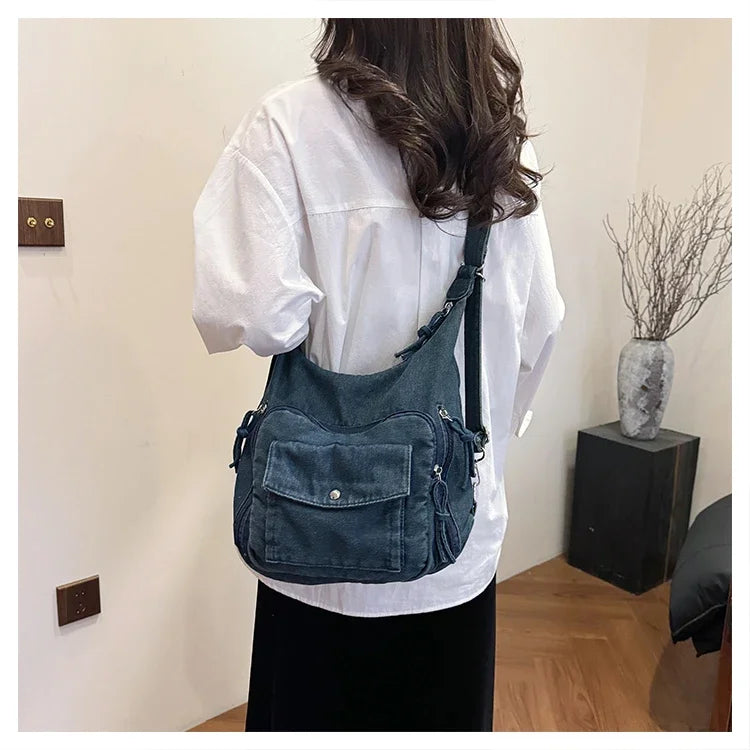 Trendy Solid Color Denim Shoulder Bag | Versatile Women's Crossbody