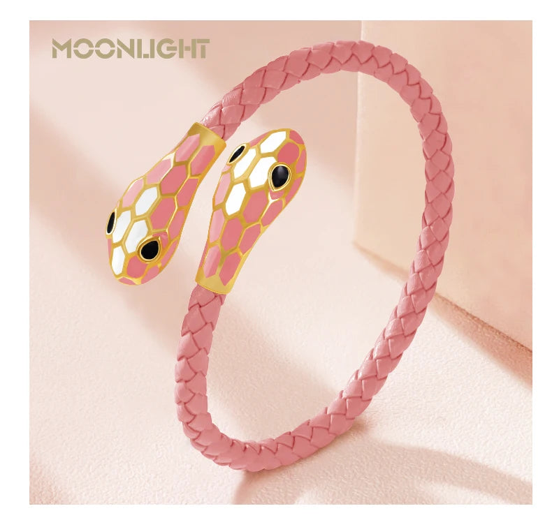 MOONLIGHT Classic Style Double Snake Head Cuff Bangles for Women Genuine Braided Leather Bracelets Female Fashion Jewelry Gifts