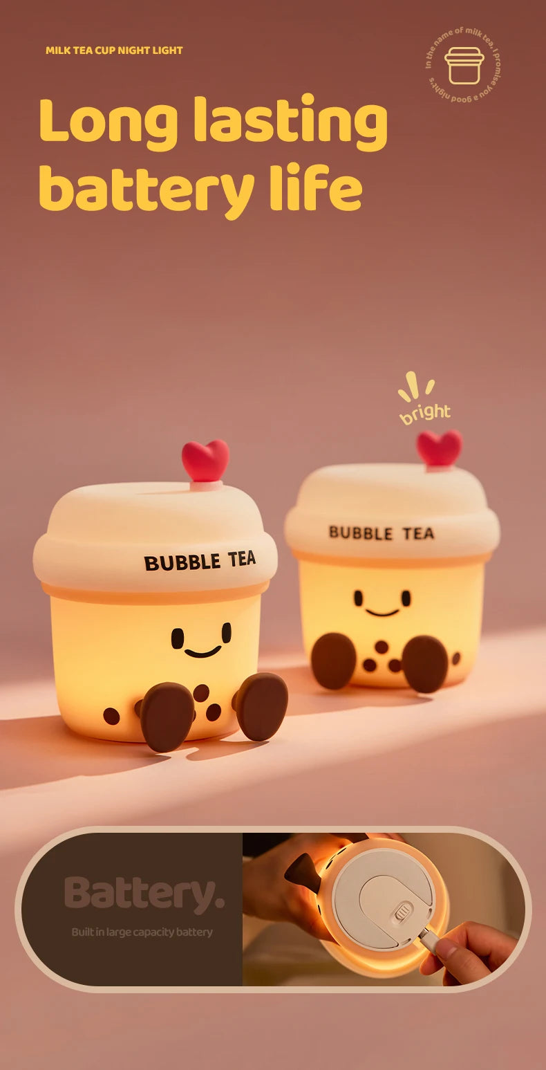 Bonita luz nocturna LED de té de burbujas | Lámpara de ambiente recargable