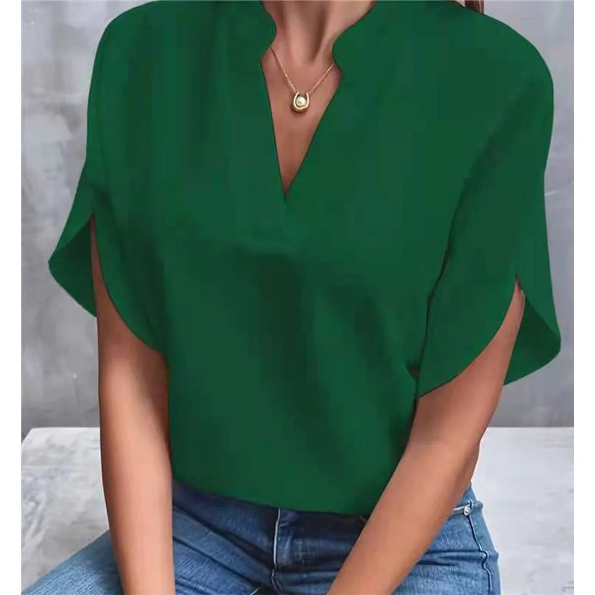 Women's Summer Solid Color Casual V-Neck Short Sleeve Shirt