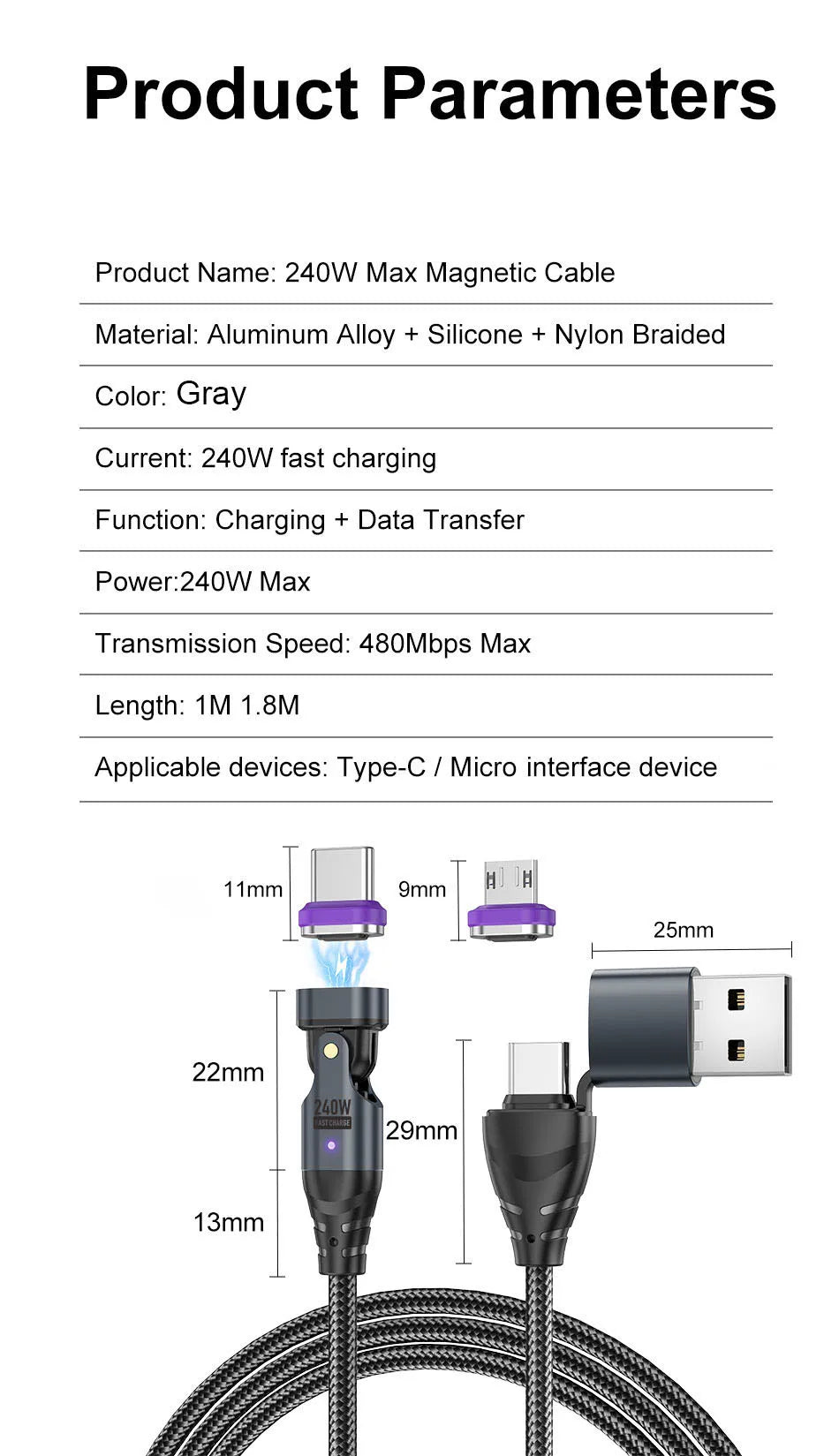240W Magnetic USB Type C Cable | Fast Charging & Data Transfer