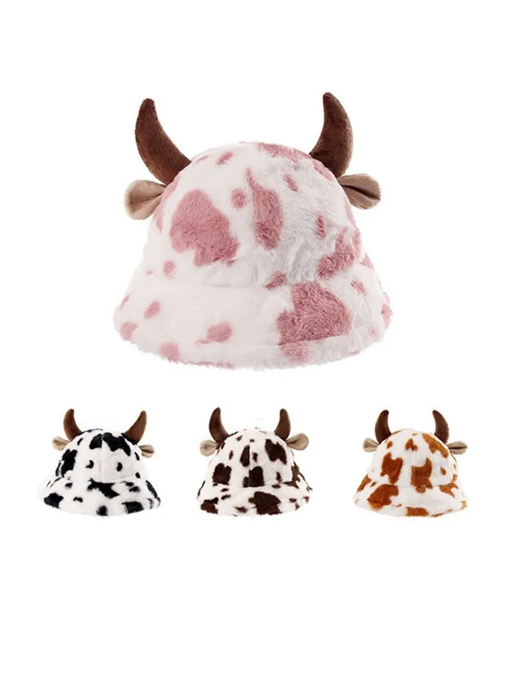 Women's Cow Print Fisherman Hat | Warm Fleece-Lined Bucket Hat