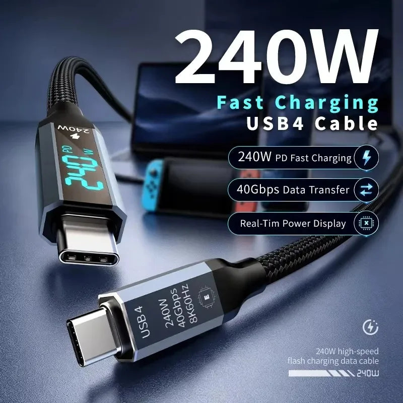 USB4 Cable with Real-Time LED Power Display 240W PD3.1 Fast Charging 40Gbps Data Transfer 8K@60Hz Video USB C to C Braided Cord
