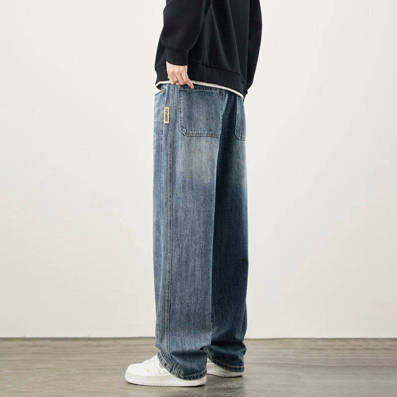 Wide-Leg Warm Fleece Jeans — Winter Thick Loose Straight Denim Pants for Men, Vintage Casual Velvet-Lined Korean Style Trousers