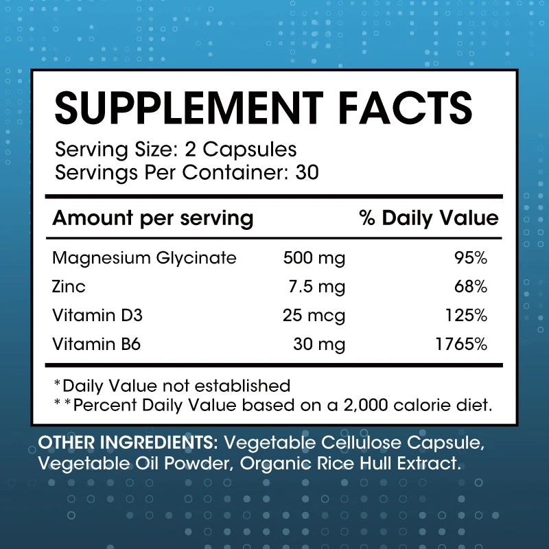 Supplement facts label with vitamins and minerals on a blue background