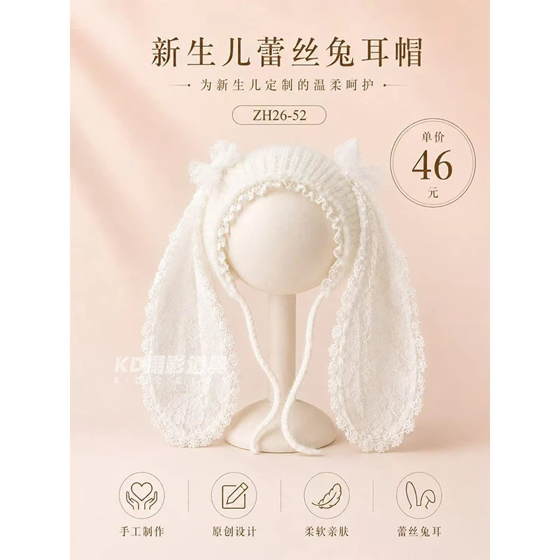 Newborn Photography Bunny Ear Hat Baby Crochet Rabbit Bonnet Soft Lace Knit Cap Infant Photo Props for Baby Boy Girl Photoshoot