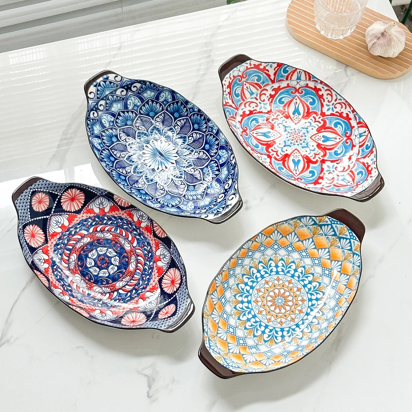 13-Inch Bohemian Double-Handle Ceramic Deep Plate for Seafood