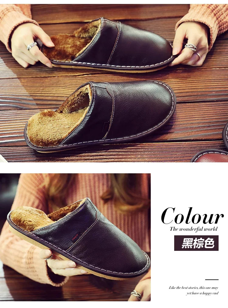 Couples Leather Plush Winter Slippers | Cozy Waterproof Shoes