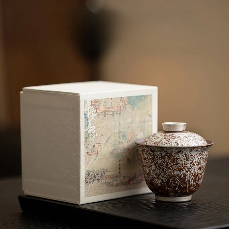 Juego de té Gaiwan de plata dorada elegante | Exquisita vajilla de cerámica