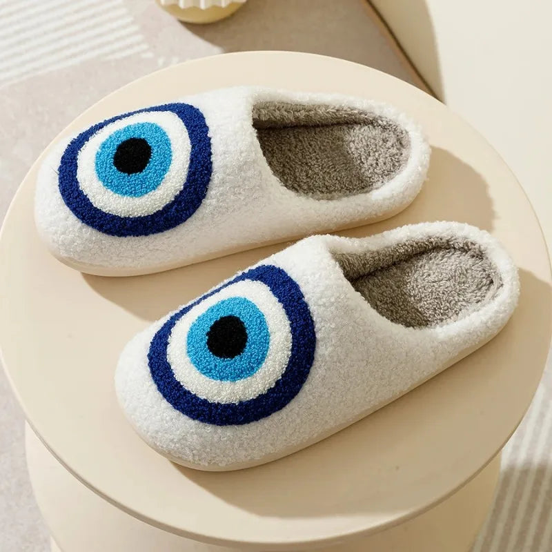 Women's Blue Evil Eye Plush Slippers | Cozy Indoor Nazar Shoes