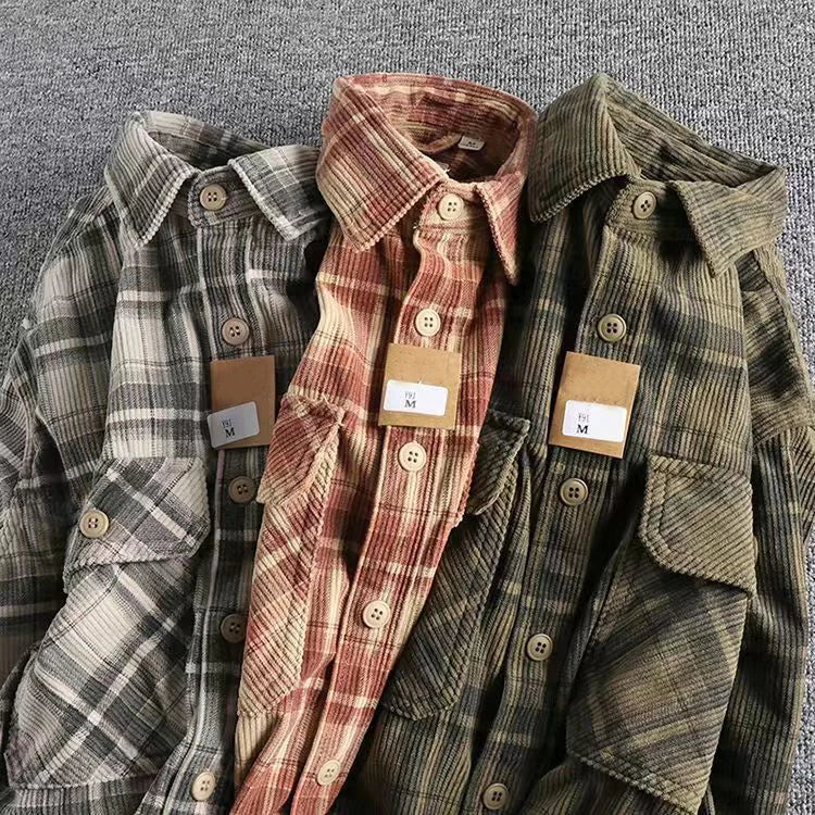 Men's Vintage Plaid Long Sleeve Shirt | Comfortable Corduroy Fashion