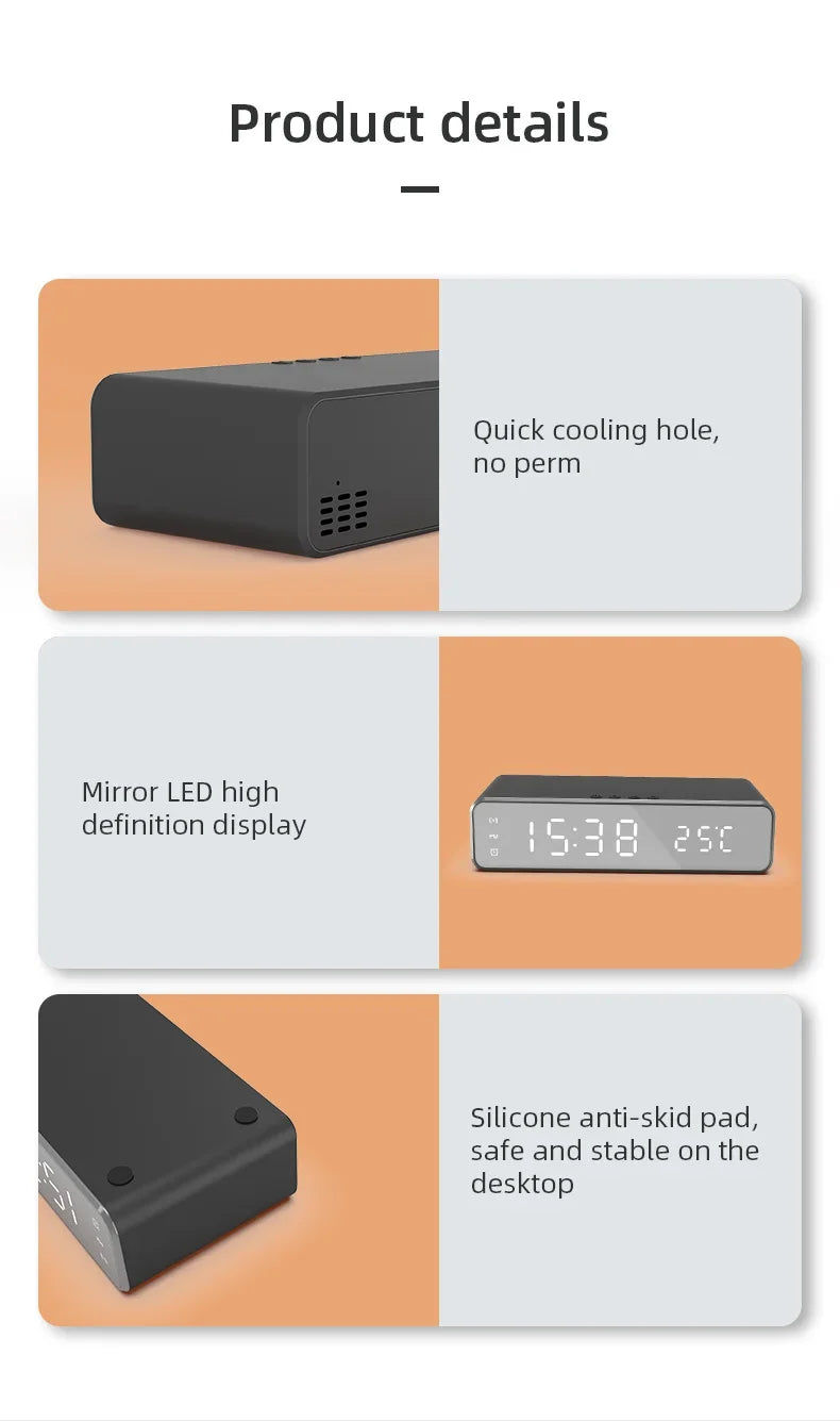 5W Wireless Charger Alarm Clock — Multifunction LED Digital Clock with Thermometer, Time Display & Fast Charging Dock for iPhone, Samsung & Qi-Compatible Phones