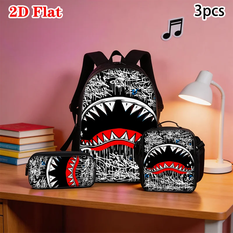 3pcs Shark Graffiti Pattern Backpack Set | Lightweight Travel Bags