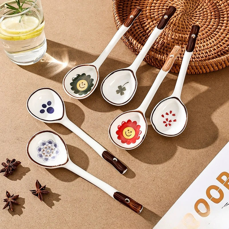 Cuchara de cerámica linda para sopa | Accesorio de cocina estilo japonés Kawaii