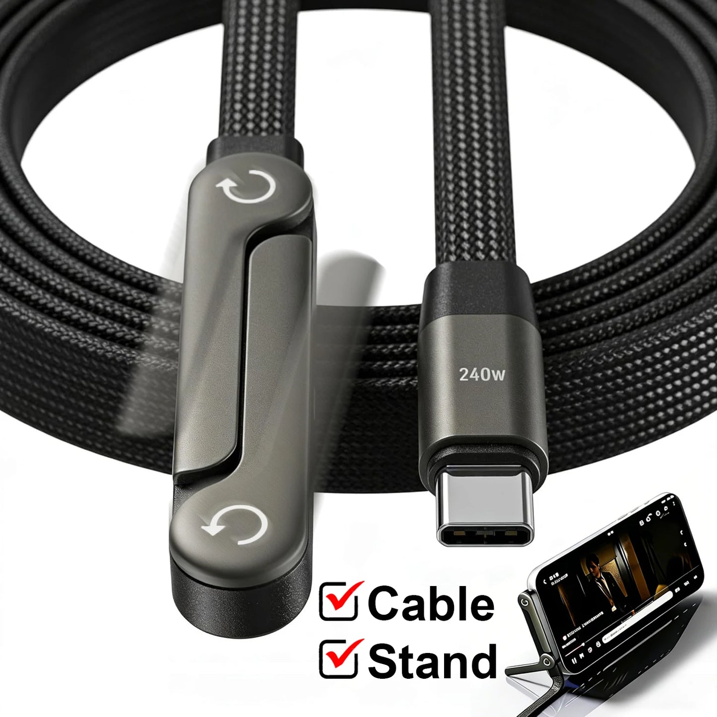 240W Fast Charging Type-C Cable with Phone Stand | Durable & Versatile