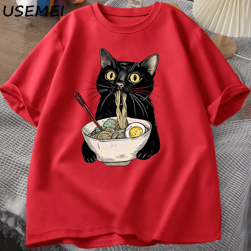 Funny Cat Noodle T-Shirt | Retro Casual Tee for Food Lovers