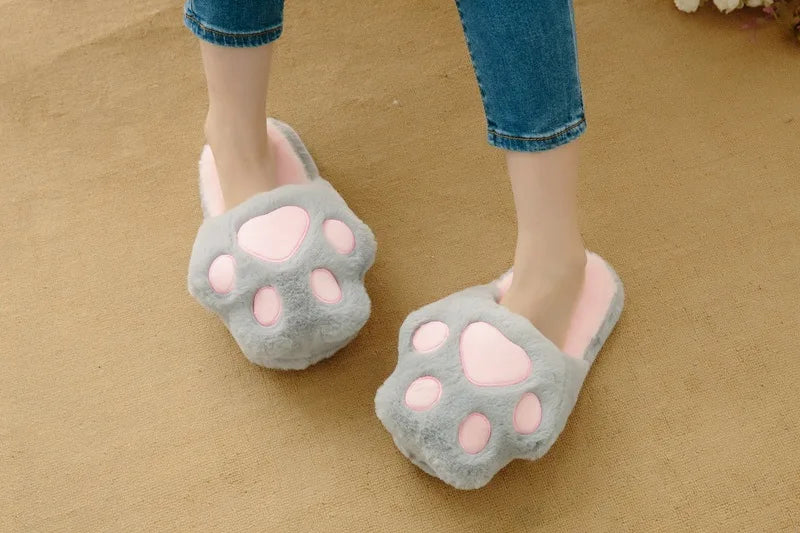 Kawaii Cat Paw Slippers | Fluffy Winter Indoor Footwear