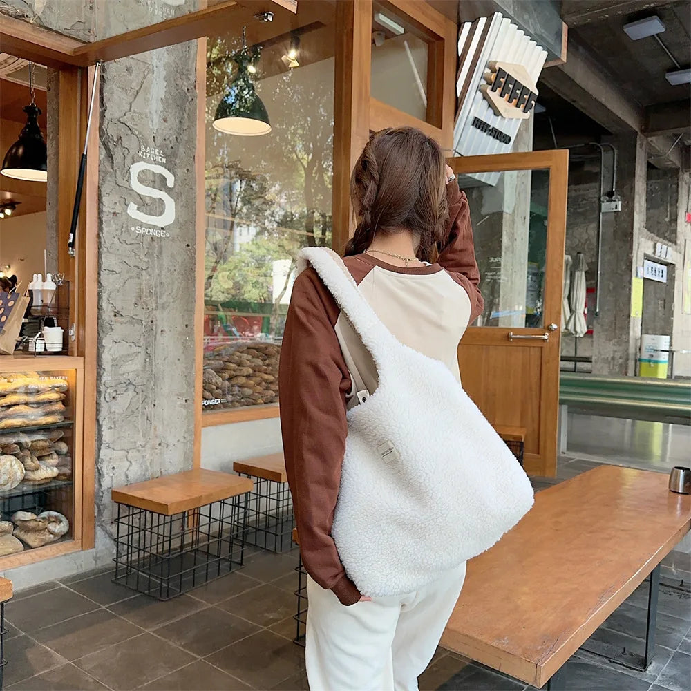 Reversible Plush Shoulder Bag for Women | Warm Fabric Tote