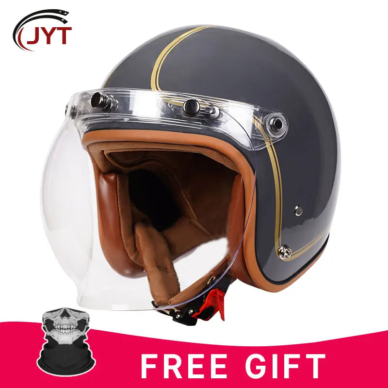 3/4 Open Face Retro Motorcycle Helmet with Bubble Visor - DOT Approved
