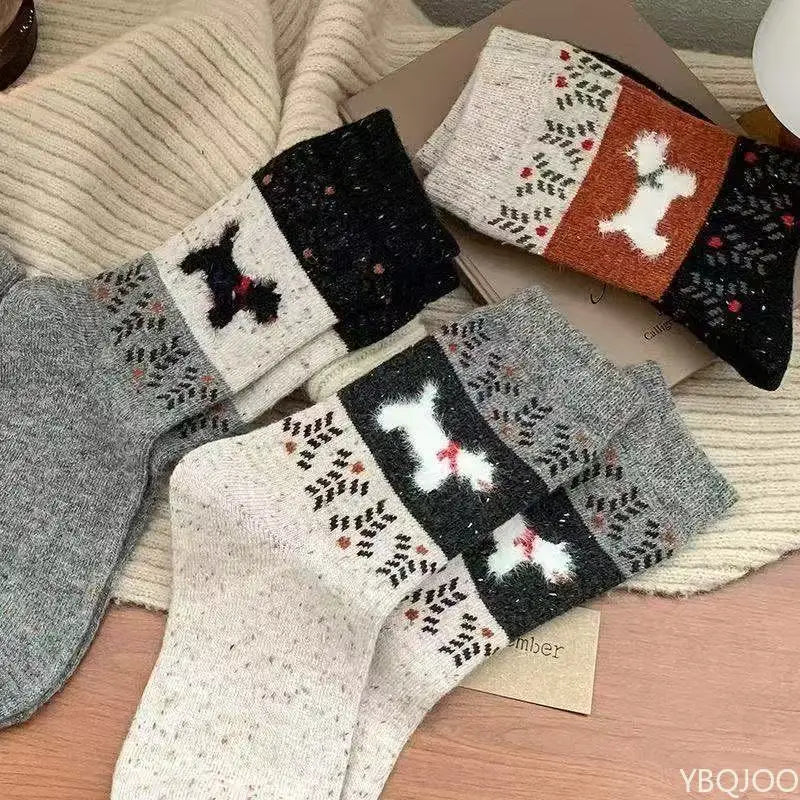 5 Pairs Dog Pattern Plush Women's Socks | Cozy Mid-Tube Styles