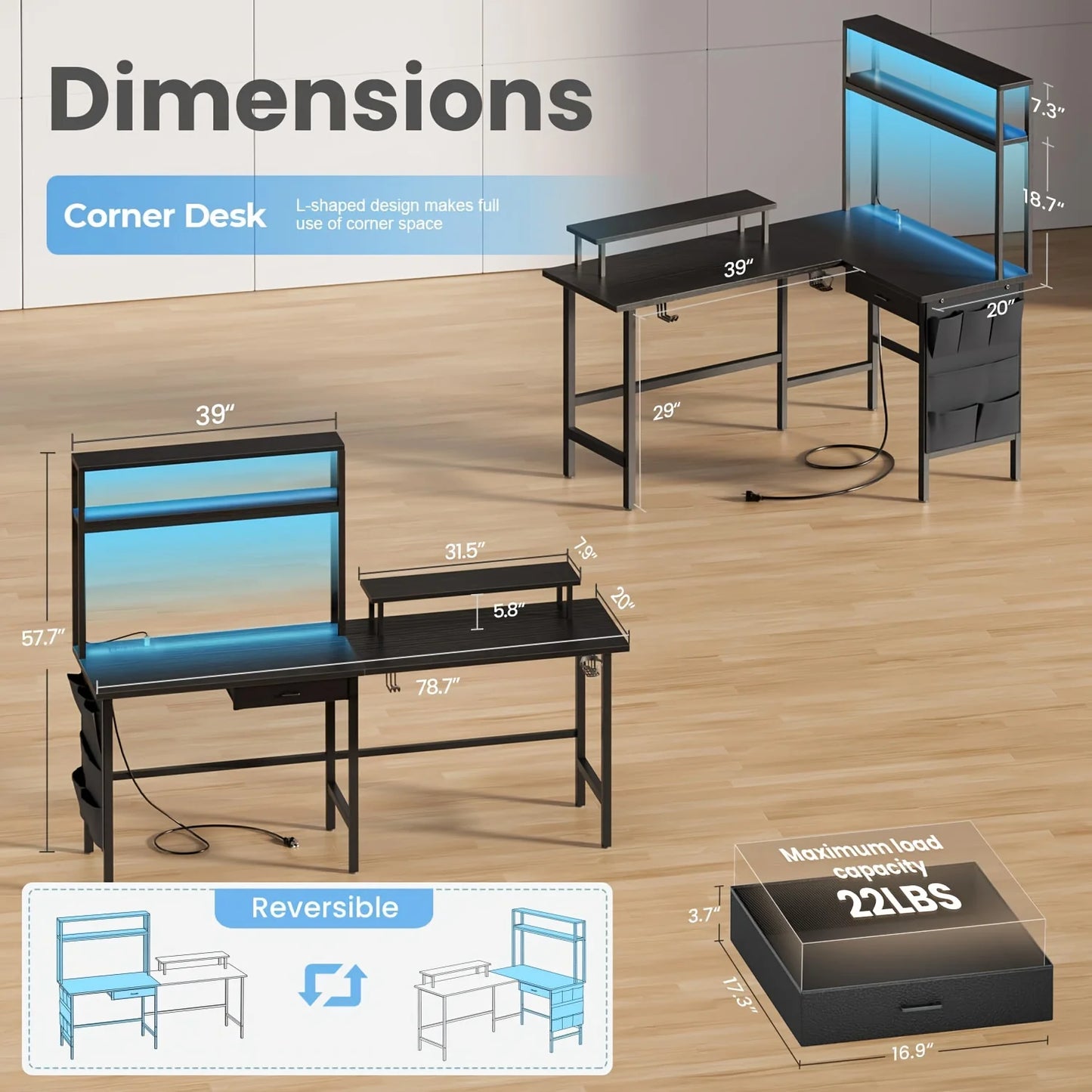 Versatile L Shaped Reversible Computer Desk with LED Lights