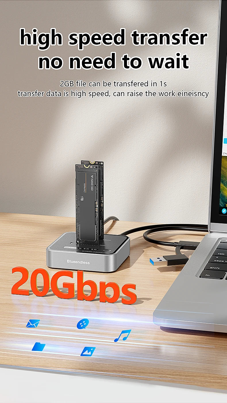 Dual-Bay M.2 NVMe SSD Cloning Dock | Fast USB 20Gbps Reader