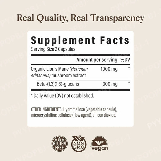 Organic Lion's Mane Mushroom Extract Capsules | Vegan Supplement