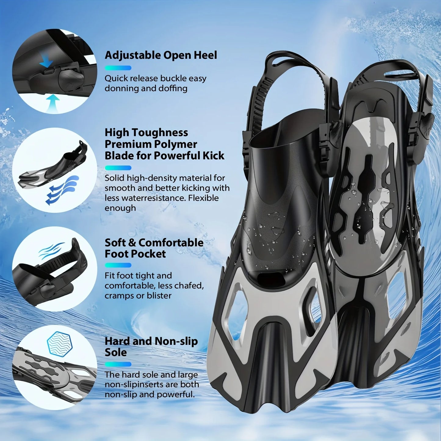 Swim Flippers Snorkel Fins Short Diving Frog Shoes Duck Webs Adjustable Silicone Travel Size Open Heel For Adult Men Women Youth