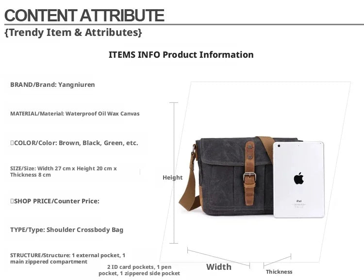 Vintage Waxed Canvas Crossbody Bag | Water-Resistant Casual Satchel
