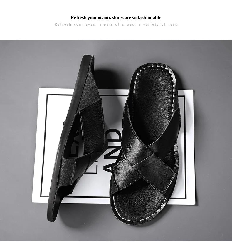 Plus Size Men Leather Slippers Homes In Indoor Slippers Summer Open Toe Sandals Comfy Antiskid Soft Bottom Casual Walking Shoes
