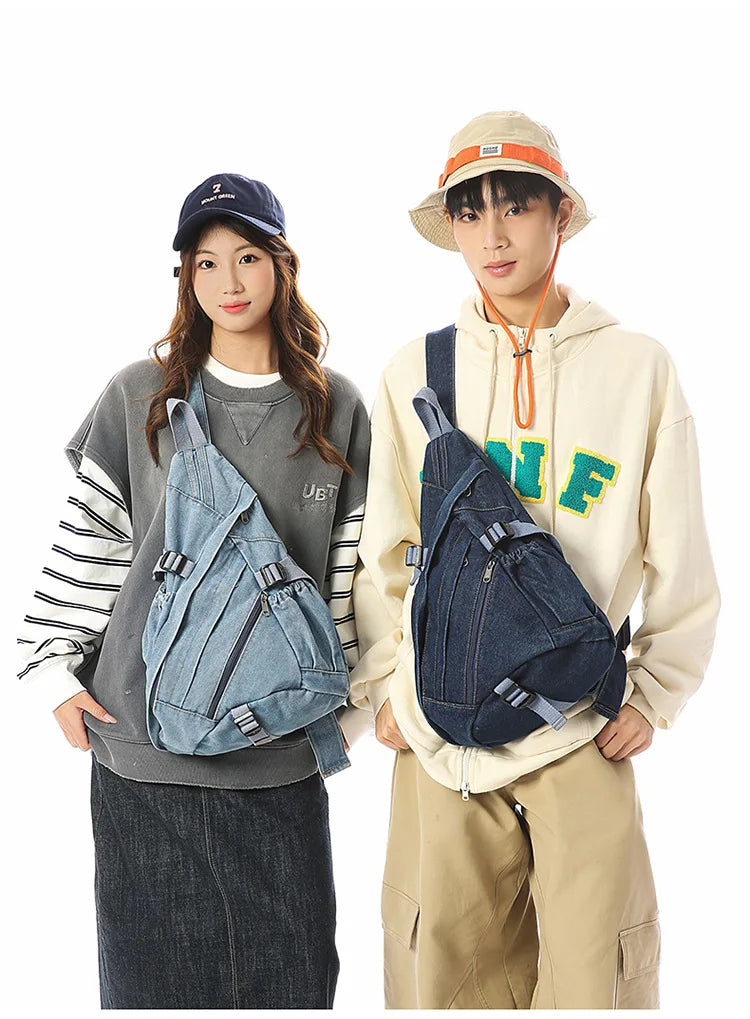 Vintage Washed Denim Sling Bag Man Woman Multifunction Retro Large Capacity Portable Motorcycle Chest Bag