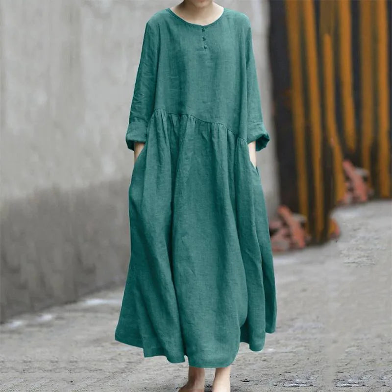 Women's Asymmetrical Cotton Linen Long Dress | Stylish Autumn Wear