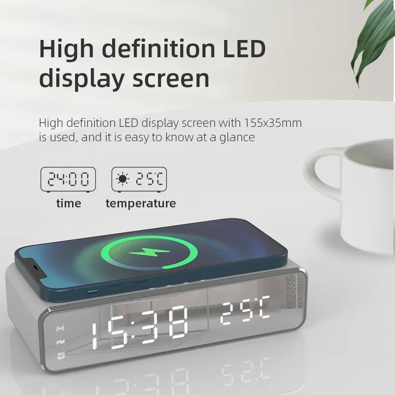 5W Wireless Charger Alarm Clock — Multifunction LED Digital Clock with Thermometer, Time Display & Fast Charging Dock for iPhone, Samsung & Qi-Compatible Phones