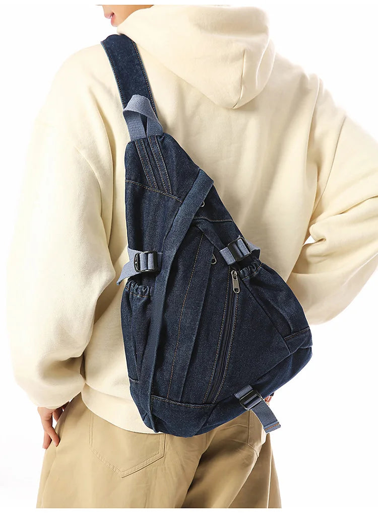 Vintage Washed Denim Sling Bag Man Woman Multifunction Retro Large Capacity Portable Motorcycle Chest Bag