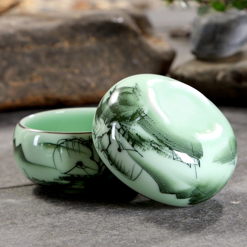 Traditional Hand-painted Celadon Teacup Set | Unique Tea Experience