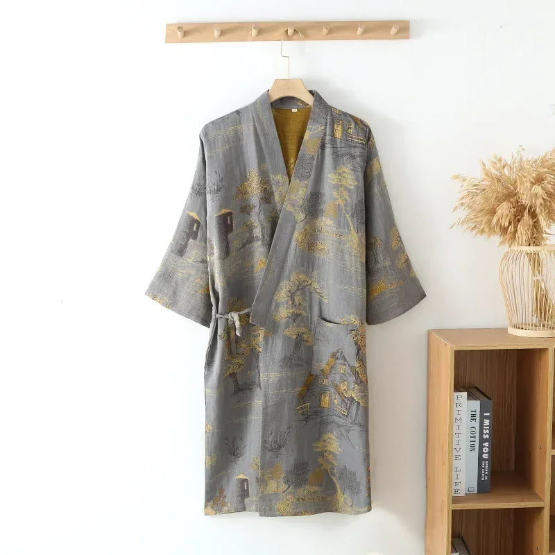 Roomwear Cotton Kimono Pajamas Men's Robes for Spring Jacquard Printed Home Clothing Medium Length Oversized Breathable Bathrobe