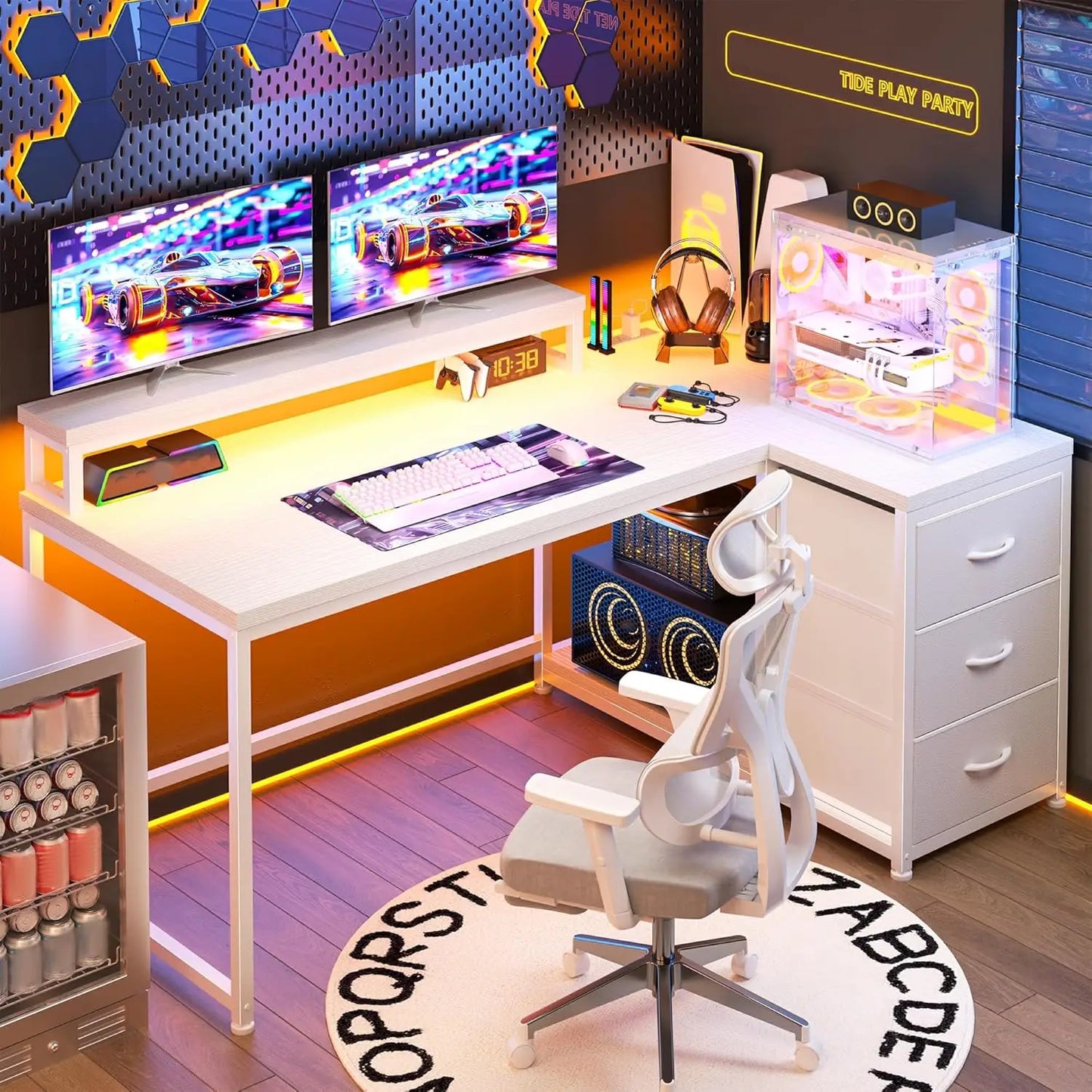 L Shaped Gaming Desk with Monitor Stand & 3 Drawers