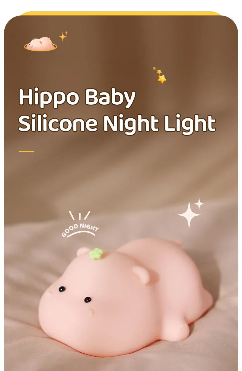 Cute Pink Hippo Night Light | Portable Silicone Kids Lamp