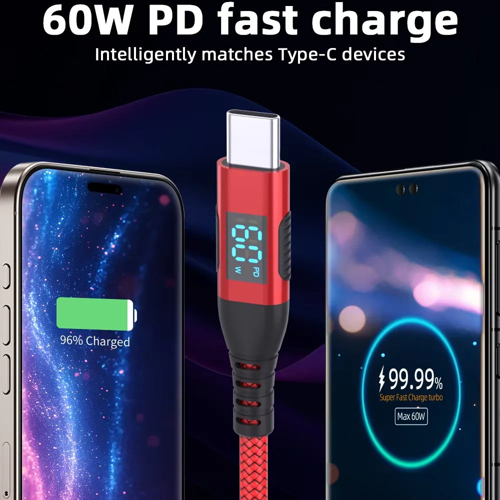 60W USB A to Type C Fast Charging Cable with Digital Display