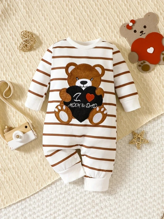 Mameluco de bebé estilo coreano | Pijama enterizo a rayas con diseño de oso