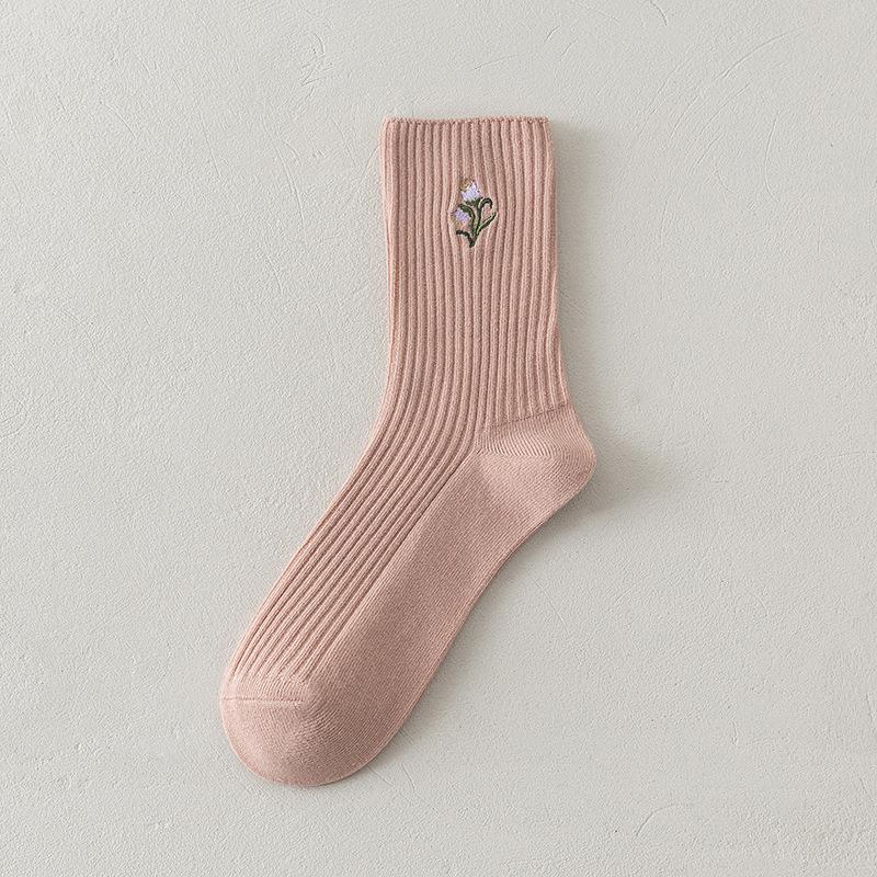 Cute Pink Flower Embroidery Socks for Women | Kawaii Retro Style