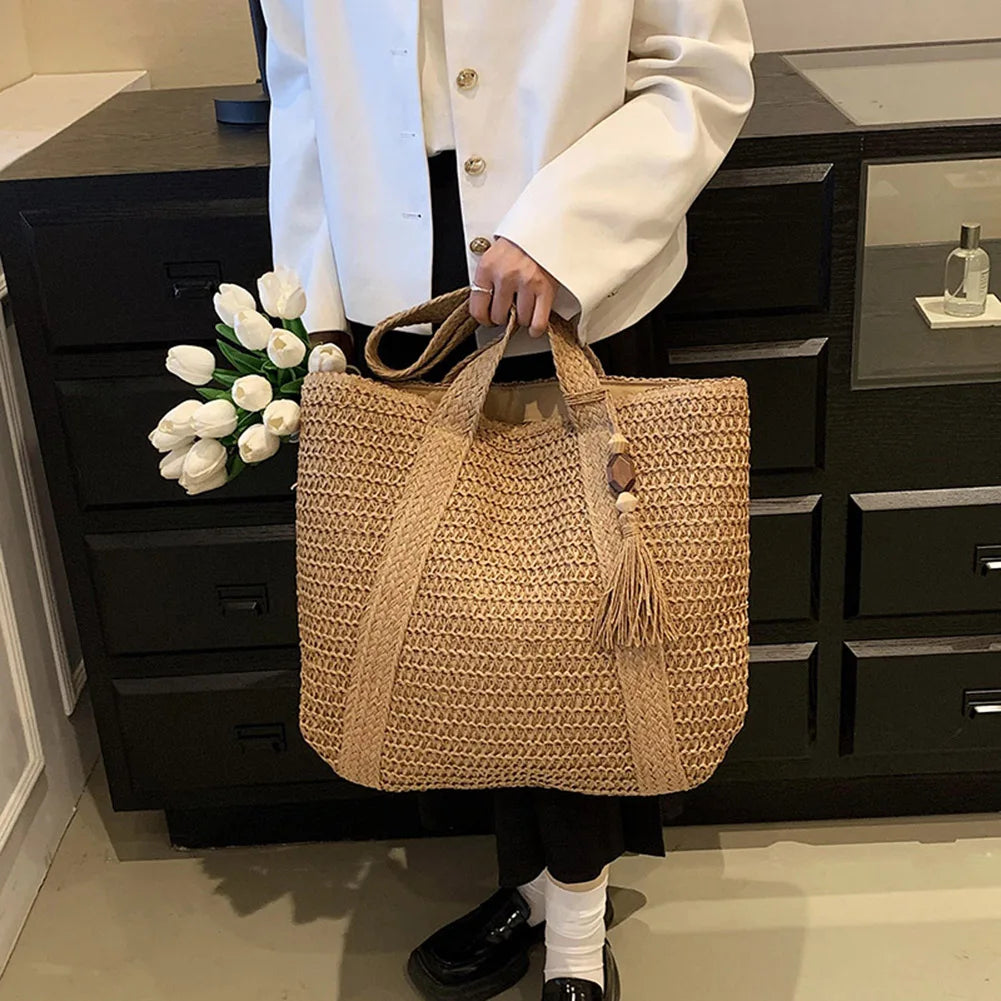 Stylish Hand-Woven Straw Beach Tote Bag for Women | Boho Chic