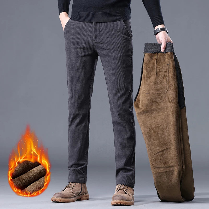 Men's Thick Fleece Corduroy Pants | Winter Warm Business Casual Trousers
