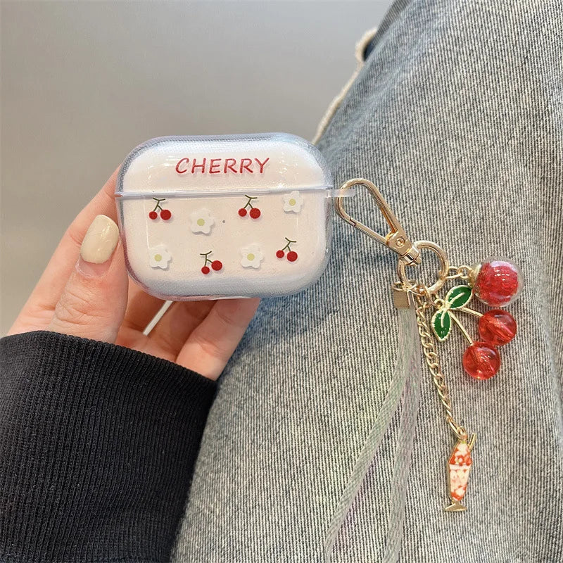 Funda de silicona transparente con diseño de cereza sonriente para AirPods