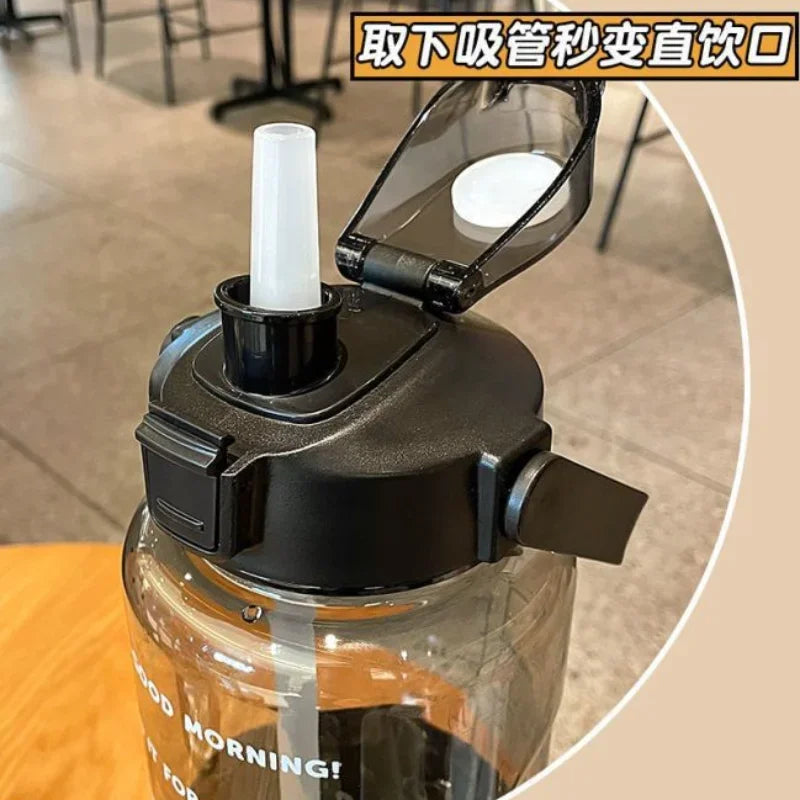 2L Large Capacity Sports Water Bottle with Straw & Time Marker