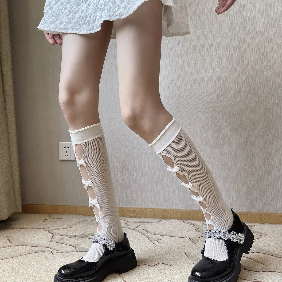 Kawaii Hollow Out Mesh Fishnet Socks | Cute Bow Long Stockings