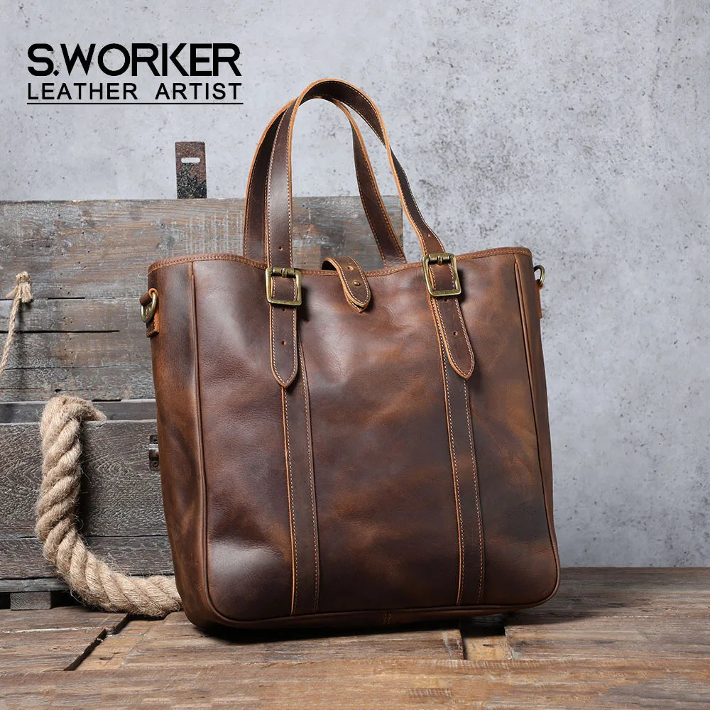 Vintage Genuine Leather Tote Bag | Handmade Unisex Briefcase