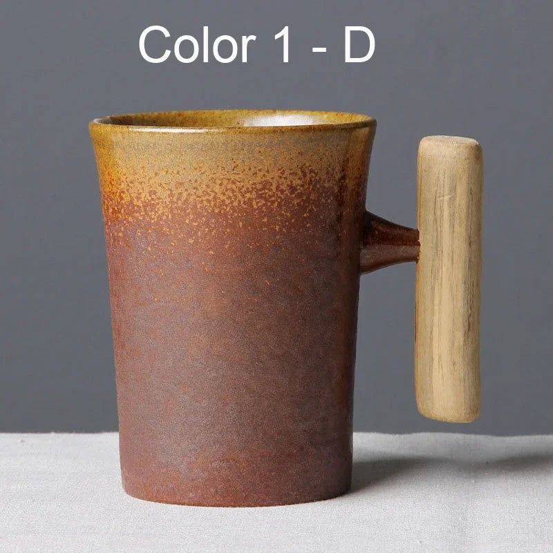Vintage Ceramic Tea Cup Set with Wooden Handle | Elegant Drinkware