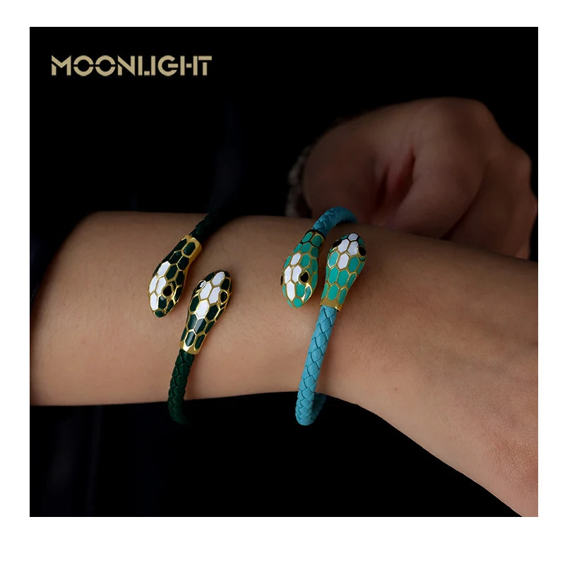 MOONLIGHT Classic Style Double Snake Head Cuff Bangles for Women Genuine Braided Leather Bracelets Female Fashion Jewelry Gifts