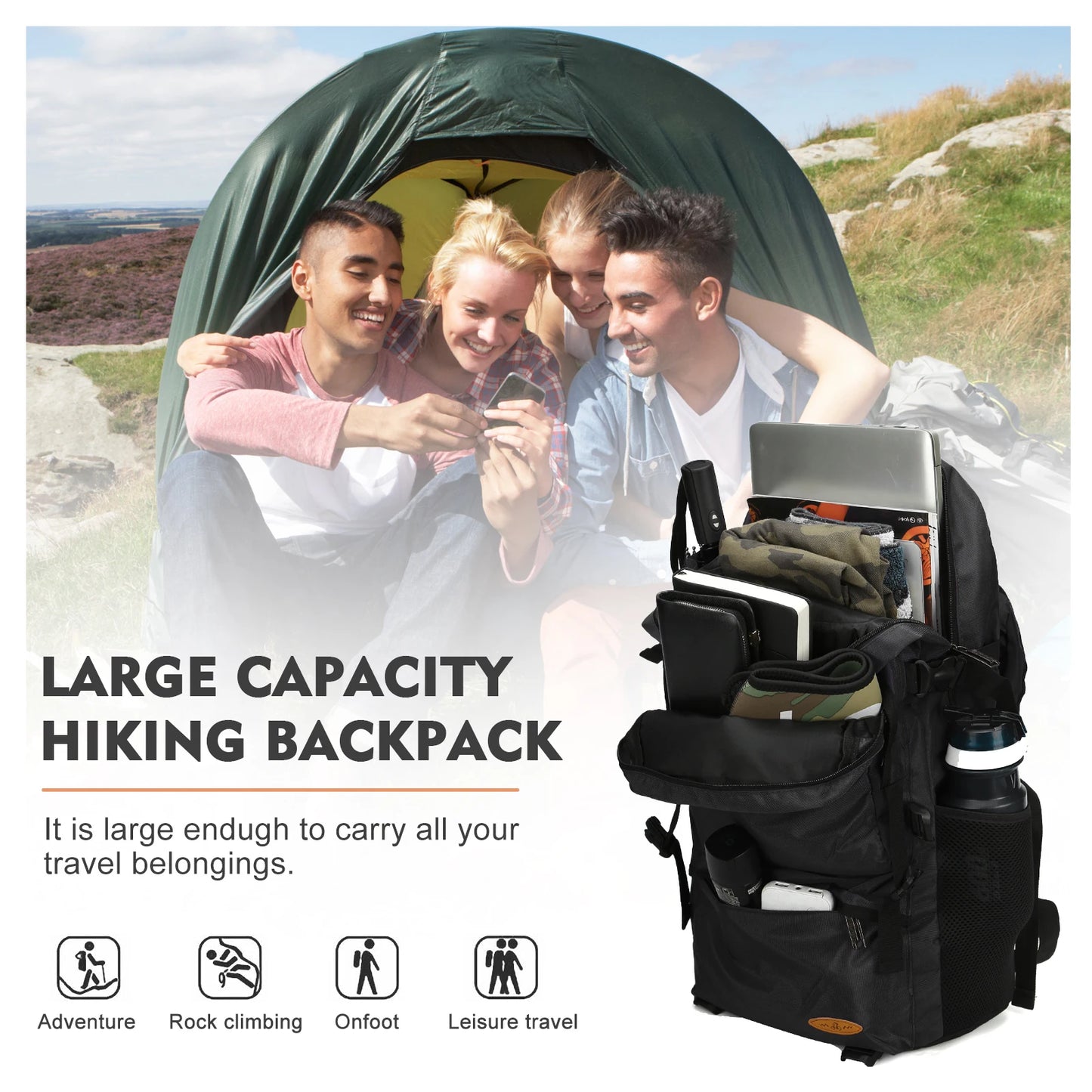 55L Waterproof Hiking Bag | Durable Large Capacity Backpack